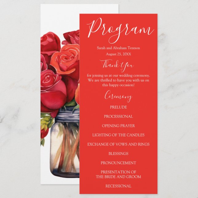 Programas de Casamento Rosas Vermelhas (Frente/Verso)