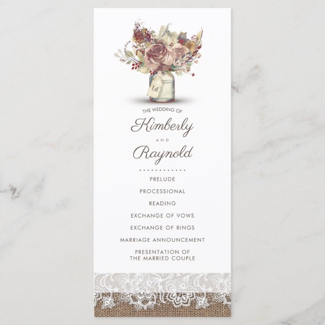 Programas De Casamento Rustic Burlap Floral Mason  (Frente)