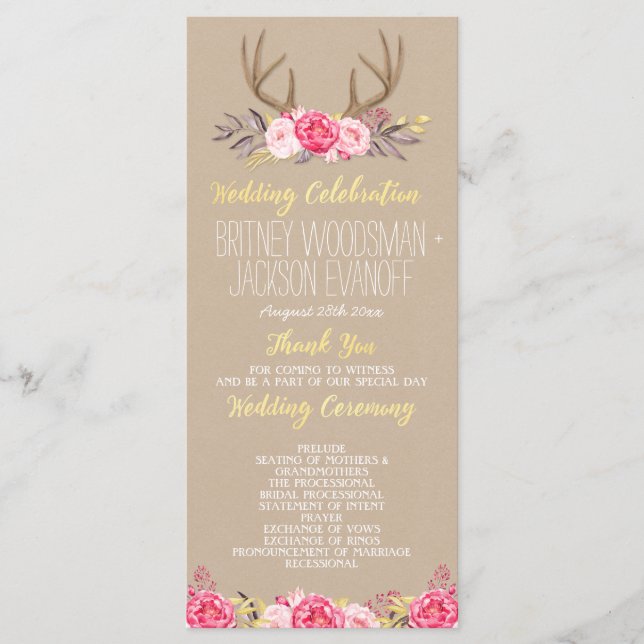 Programas de Casamento Rustic Floral Peony & Deer  (Frente)