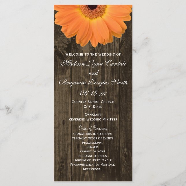 Programas de Casamento Rustic Wood Orange Gerber D (Frente)