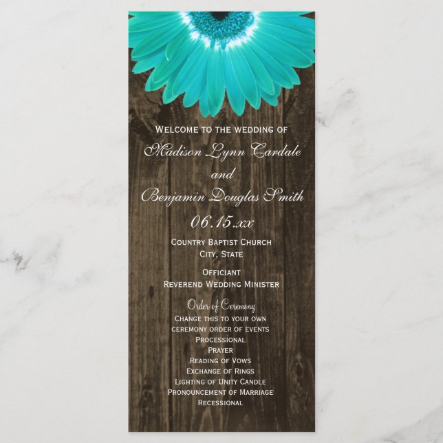 Programas de Casamento Rustic Wood Teal Gerber Dai (Frente)