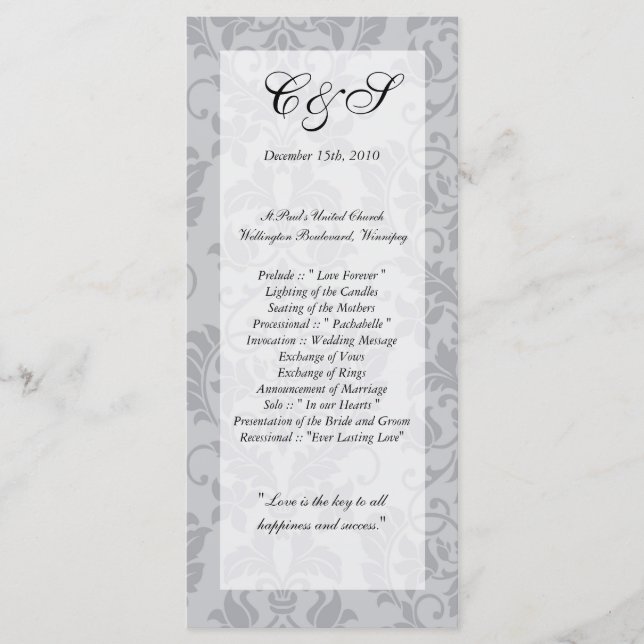 Programas de Casamento tema damasco de Cinza de du (Frente)