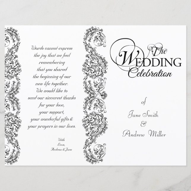 Programas de casamento tema damasco preto e branco (Frente)