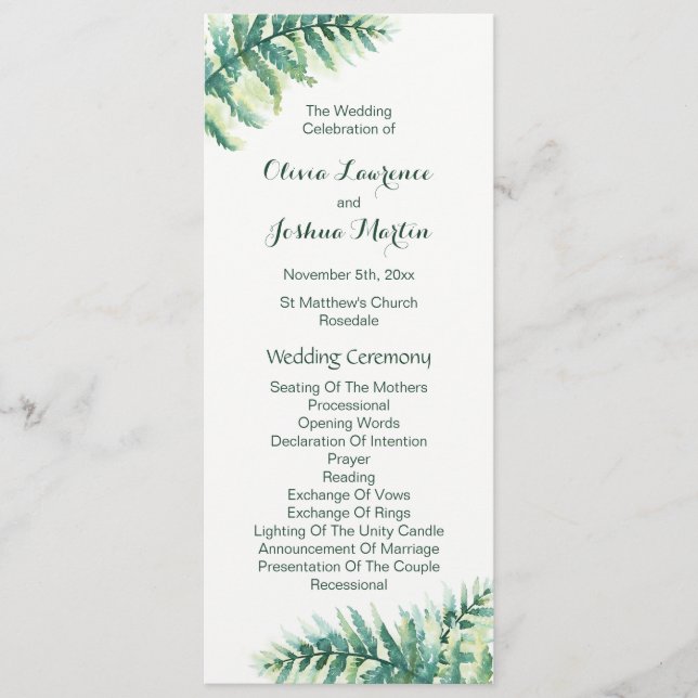 Programas de Casamento Verde Fern Watercolor (Frente)