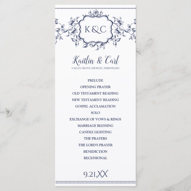 Programas de Casamento - Vinhas Azul-Navy Elegante (Frente)