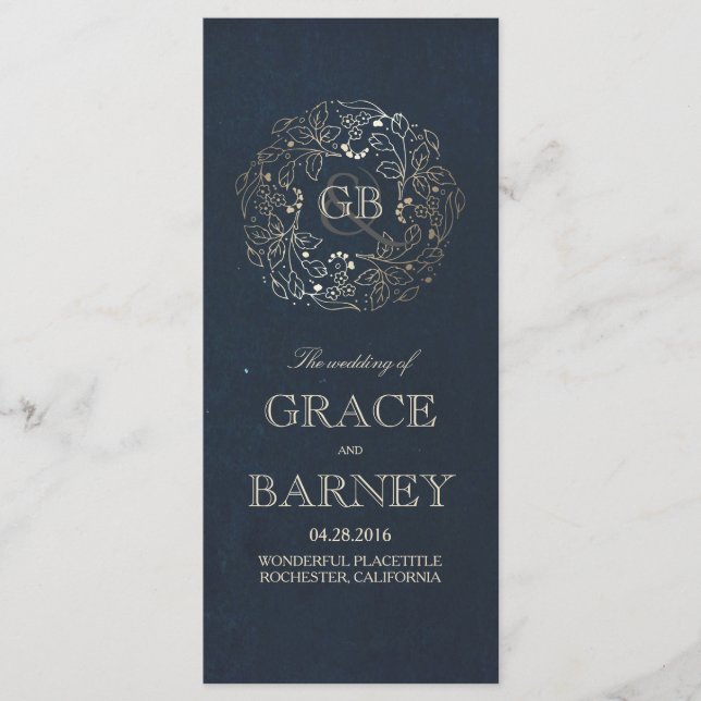 Programas de Casamentos vintage Dourados e Marinho (Frente)