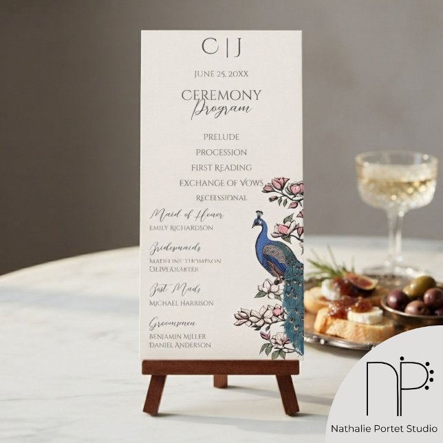 Programas de Ordem de Serviço Floral Elegante do P (Chic hand-drawn blue peacock wedding program featuring bird with teal feathers and magnolia flowers)