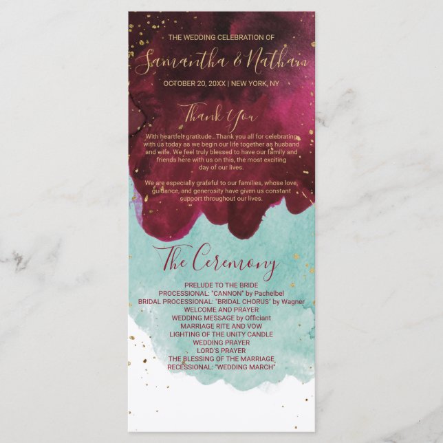 Programas Dourados De Casamento De  Cores De Água  (Frente)