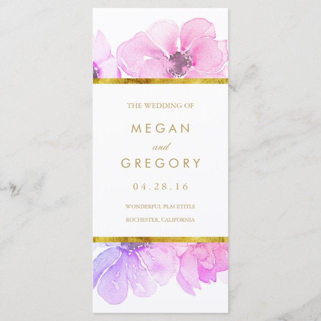 Programas Dourados de Casamento Floral Azul e Roxo (Frente)