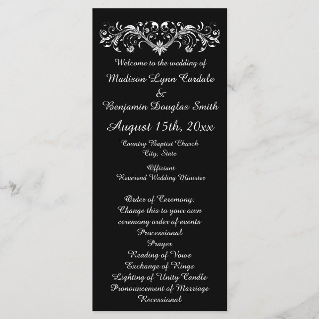 Programas Elegantes de Casamento Negro e Branco (Frente)