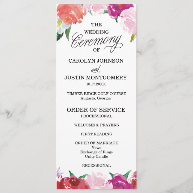Programas Modernos de Casamento Floral de Aquarela (Frente)