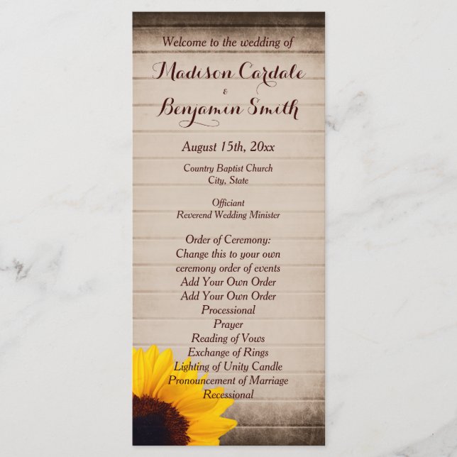 Programas Rustic Barn Wood Sunflower Wedding (Frente)