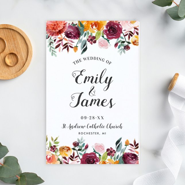 Programas Rustic Burgundy Pink Fall Floral Wedding (Criador carregado)