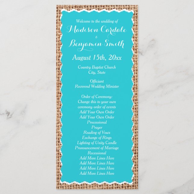 Programas Rustic Country Burlap Turquoise Wedding (Frente)