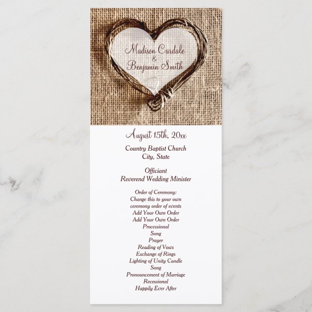 Programas Rustic Country Twine Heart Wedding (Frente)