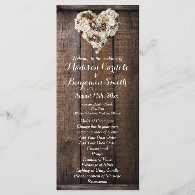 Programas Rustic Country Wood Flowers Heart Weddin (Frente)