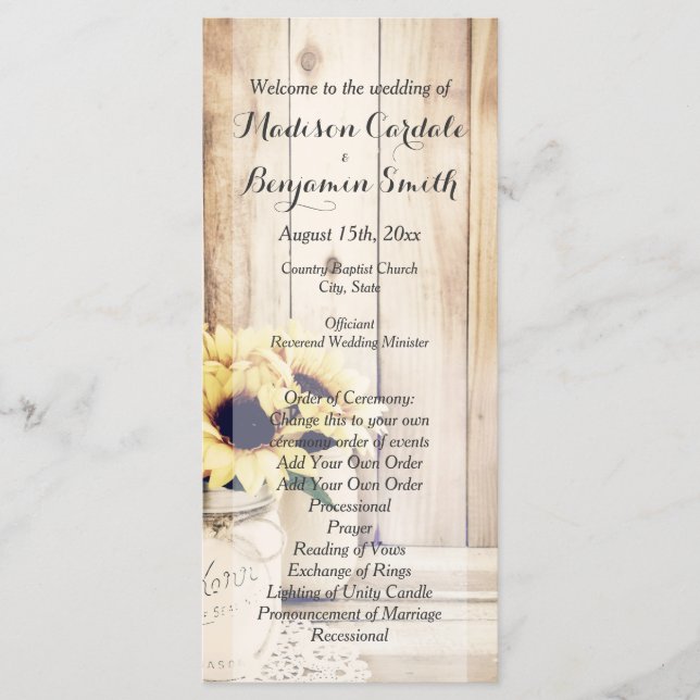 Programas Rustic Sunflower Mason Jar Wedding (Frente)