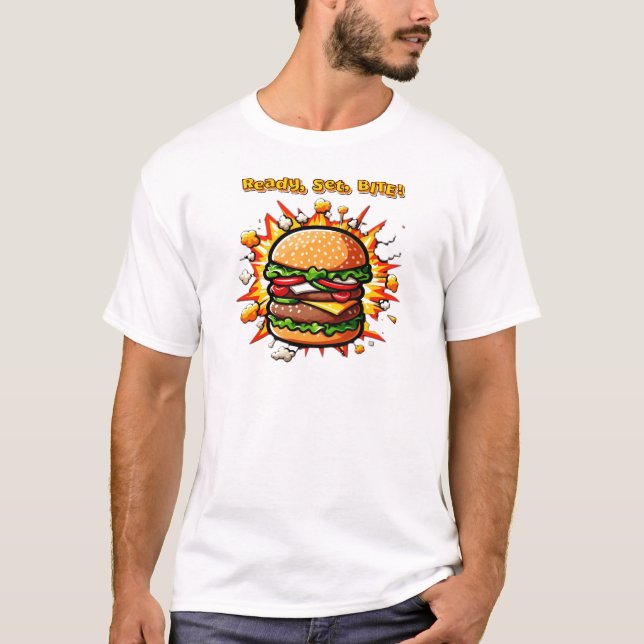 Pronto, Preparado, Burger de Mordida T-Shirt (Frente)