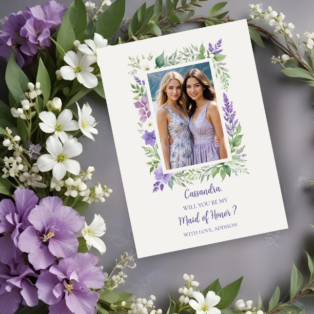 Proposta de Fotografia de Bridesmaid da Frame Flor (Cherish Cute Floral Frame Bridesmaid Photo Proposal Card in Lavender Shades. )