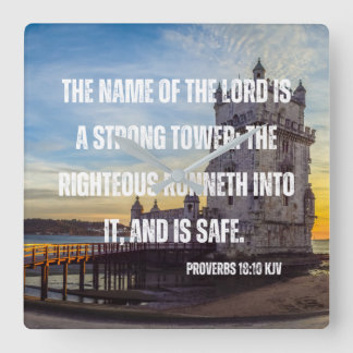 Proverbs 18:10 Relógio de Parede Verso Quadrado da