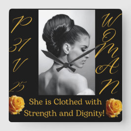 Proverbs 31 Relógio Quadrado Preto e Amarelo para