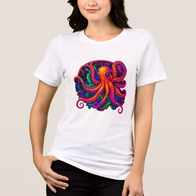 Psychedelic Neon Deep Sea Kraken Octopus T-Shirt (Frente)