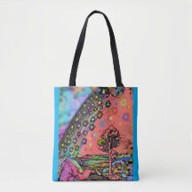 Psychedelic Rainbow Forest and Stars Tote Bag