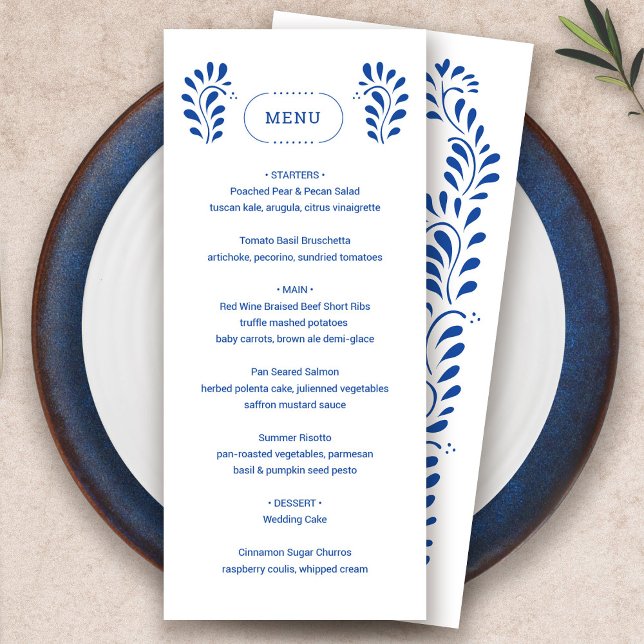 Puebla Estilo Azul Menu Casamento Mexicano (Puebla Style Blue Mexican Wedding Menu by Fiesta Valley Print)