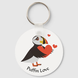 Puffin Love Red Hearts Chaveiro