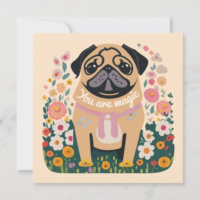 Pug Boho - Cartão de Saudação Floral (Frente)