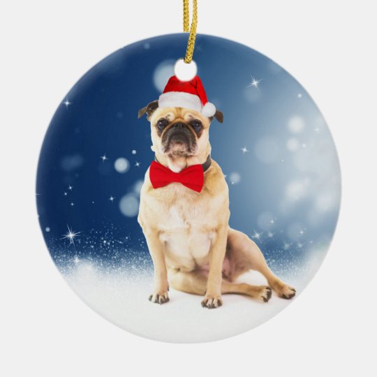 Pug com o chapéu do papai noel do Natal Ornamento De Cerâmica