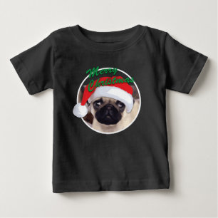 Pug do Natal - t-shirt fino do jérsei do bebê