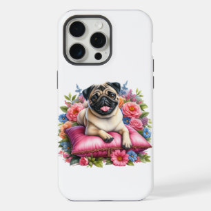 Pug Dog em um Travesseiro com Flores em Aquarela