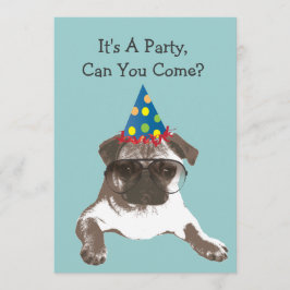 Pug engraçado no convite de aniversário dos vidros