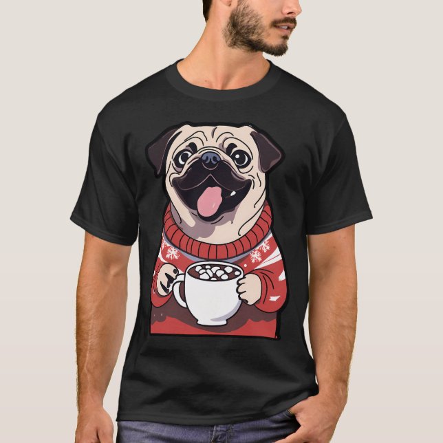 Pug Festivo com Cacau Quente em Suéter de Natal (Frente)