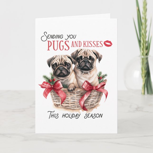 Pug & Kisses Natal, Cartão Saudável de 5" x 7" (Frente)