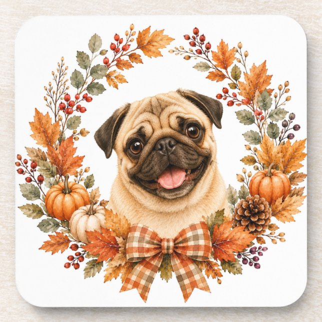 Pug Outono Grinalda Porta-copos (Frente)