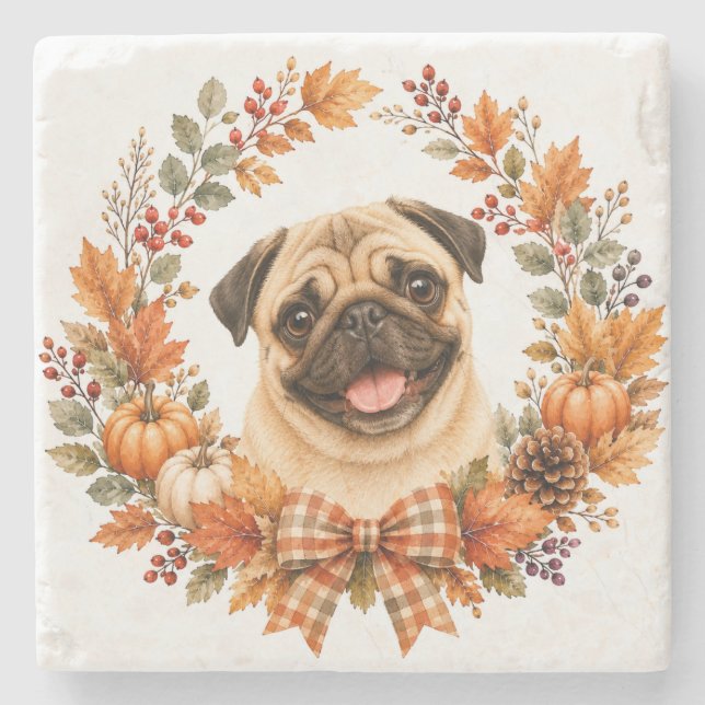 Pug Outono Grinalda Porta-copos (Frente)