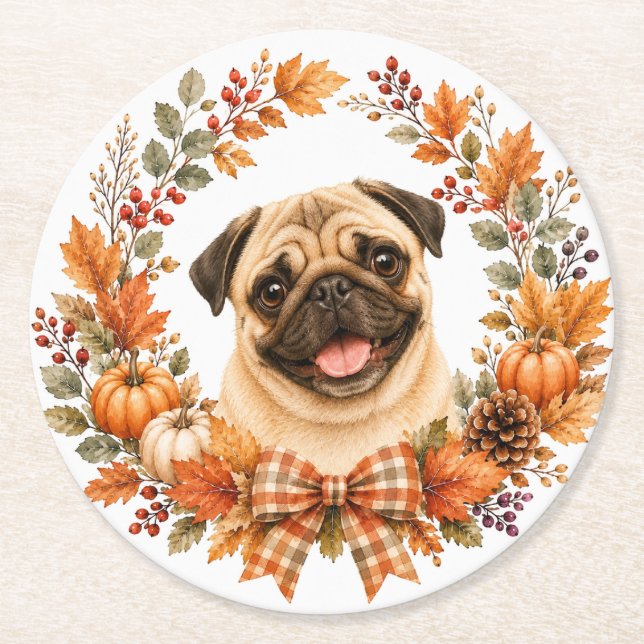 Pug Outono Grinalda Porta-Copos (Frente)