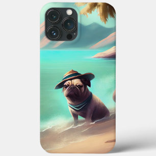 Pug se divertindo na pintura artística da praia