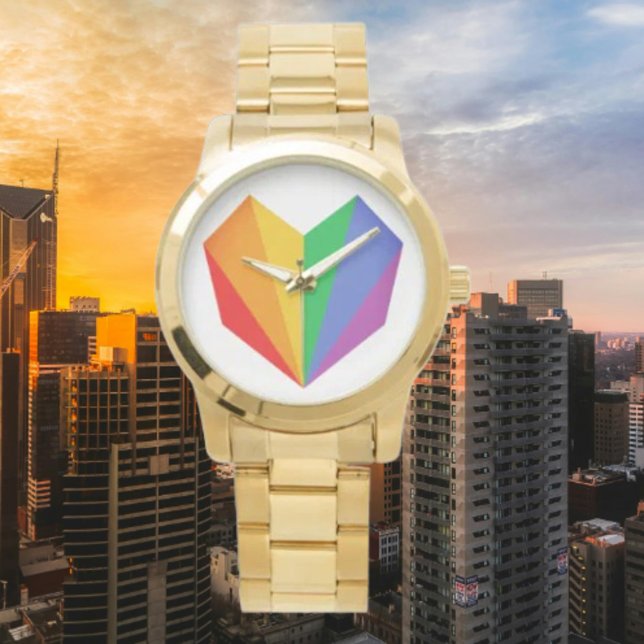 Pulseira Relógio Oversized Dourada Coração Arco-Ír (Criador carregado)