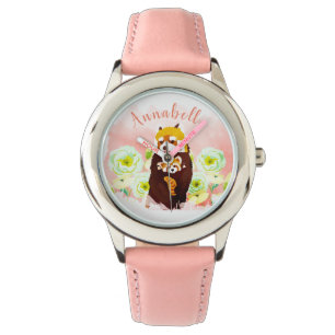 Pulso Relógio de Crianças de Panda Vermelha Cor-de-Rosa