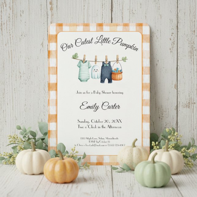 Pumpkin Baby Shower Invitation | Gingham Custom (Our Cutest Little Pumpkin baby shower invitation with fall theme and watercolor orange details)