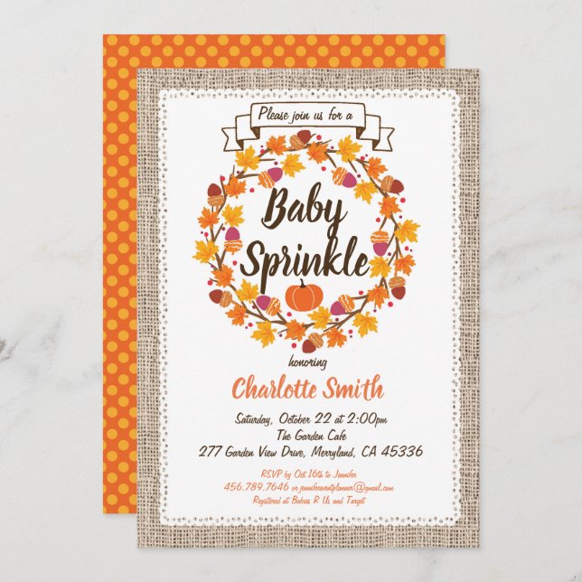 Pumpkin bebê sprinkle convite burlap wath (Frente/Verso)