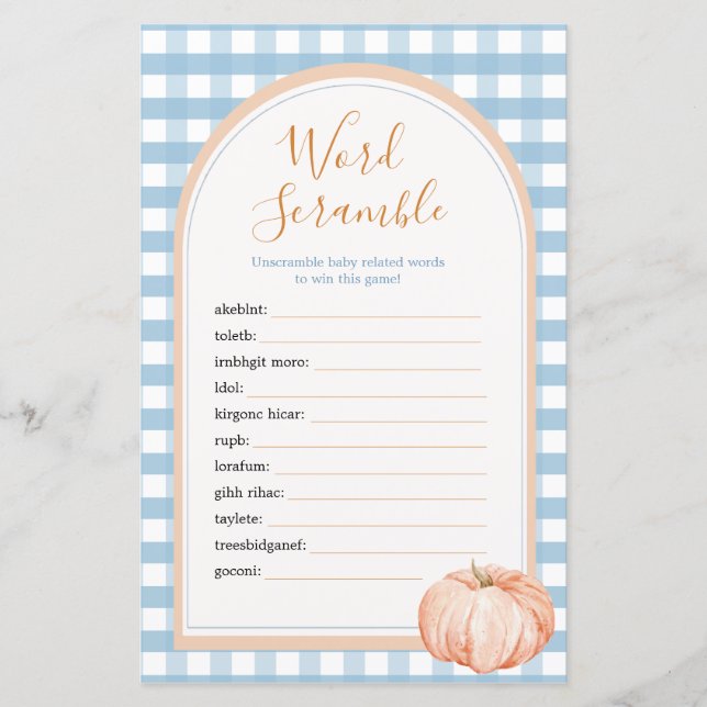 Pumpkin Boho Blue Gingham Word Scramble Game (Frente)