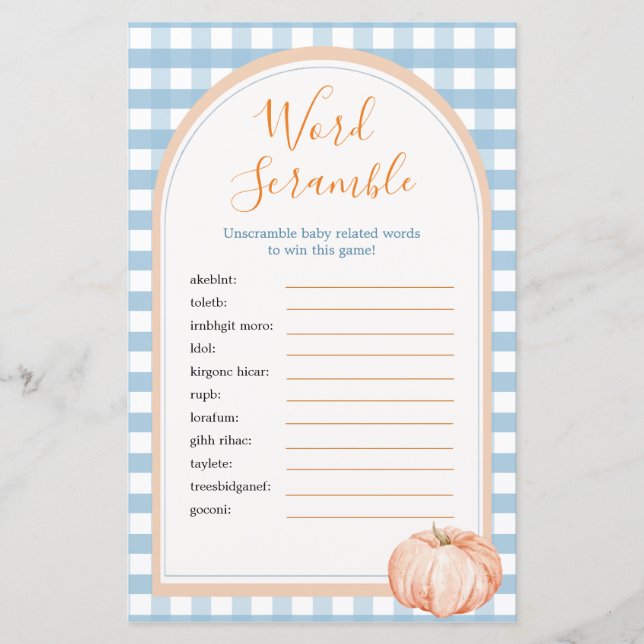 Pumpkin Boho Blue Gingham Word Scramble Game (Frente)
