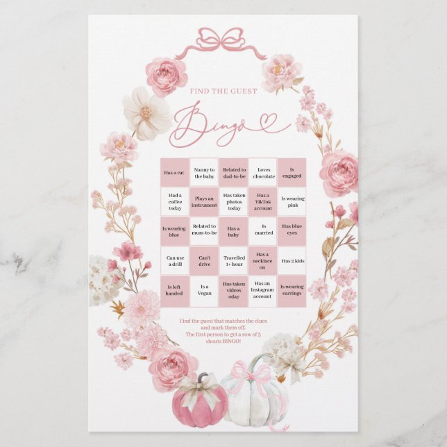 Pumpkin Branco e Rosa Acham o Bingo do Convidado (Frente)