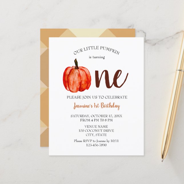 Pumpkin De Aquarela De Orçamento Primeiro Aniversá (Frente/Verso In Situ)