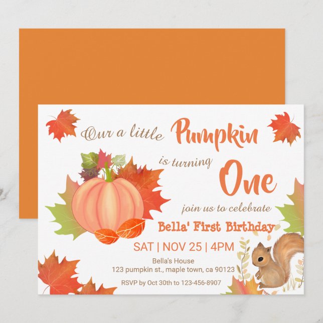 Pumpkin de Esquilo Primeiro Convite de Aniversário (Frente/Verso)