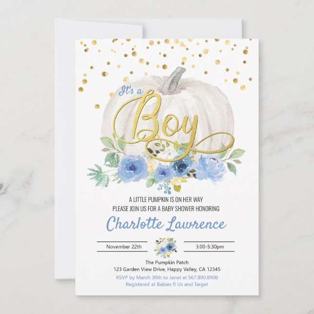 Pumpkin É um Chá de fraldas de Menino Convite Azul (Frente)